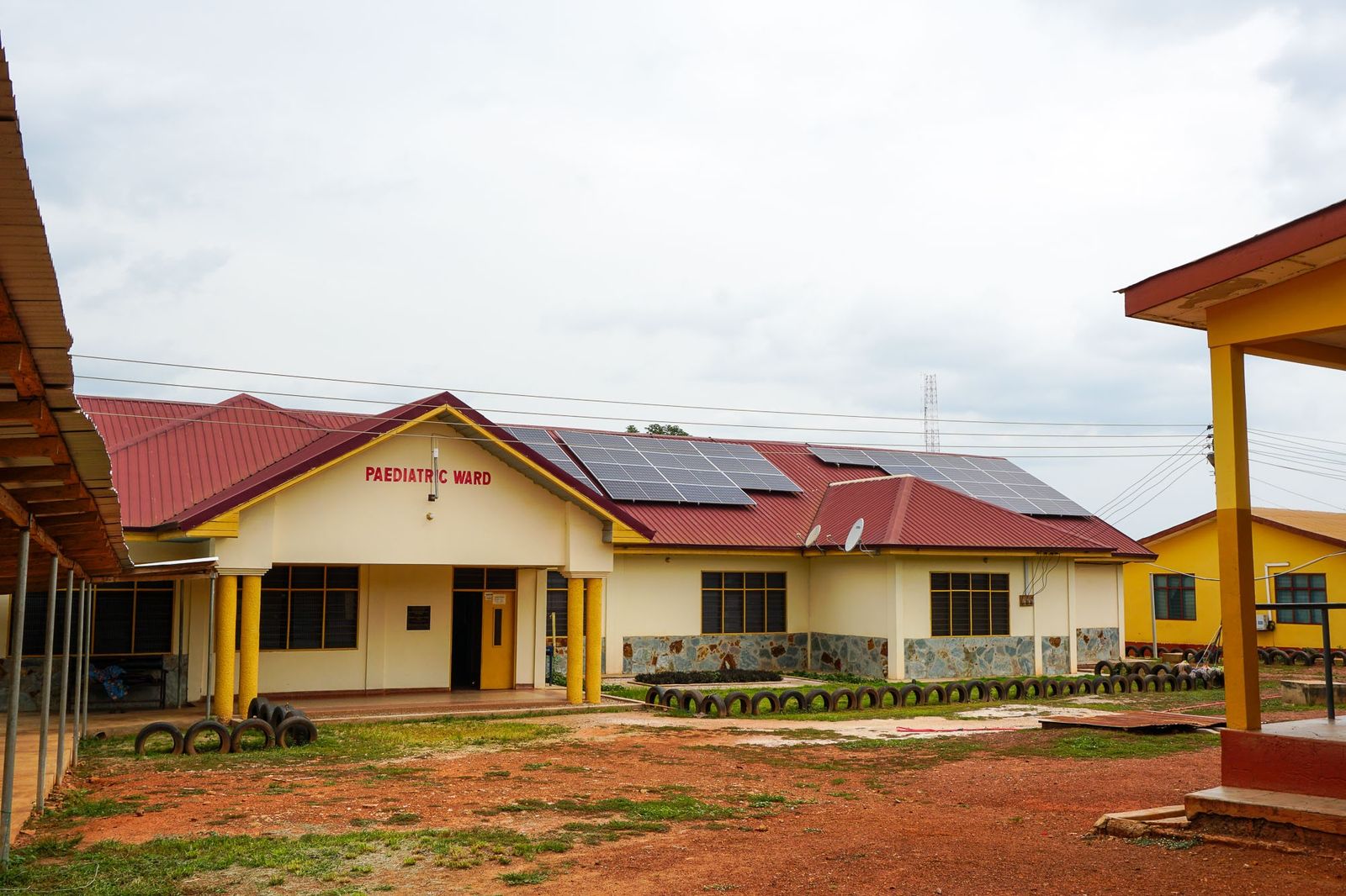 Hospital building with rooftop solar panels, Ghana